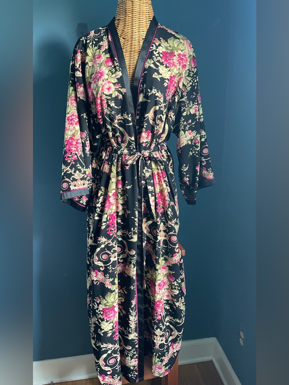 VTG Oscar de la Renta Pink Label Black Floral Satin Maxi Robe With Belt L/XL